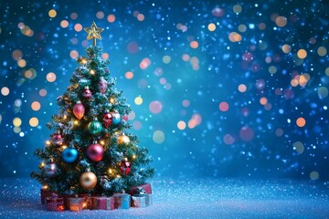 Festive christmas tree with colorful ornaments and bokeh lights on a blue background for cards