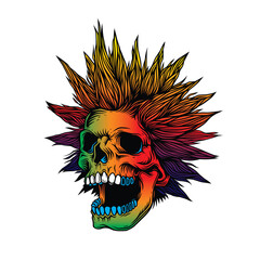 A skull with an open mouth and a punk rock hairstyle. T-shirt design, stickers, print.