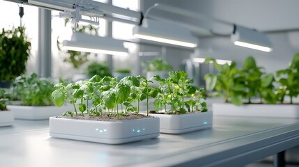 A high-tech sustainable farm with robotic farming tools and bioluminescent crops, promoting eco-friendly agriculture