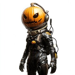 A spooky alien with a pumpkin head, Halloween theme, futuristic space suit, isolated on white background
