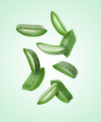 Fresh aloe vera slices in air on light green gradient background