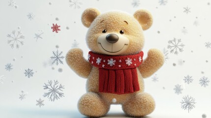 Cute teddy bear in a red scarf with snowflakes, reflecting a cozy winter holiday vibe. Perfect for seasonal decorations and gifts.