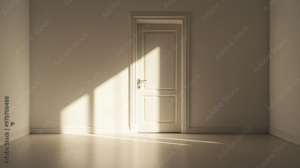 Poster sunlight streaming through an open door in a minimalistic, empty room during the afternoon
