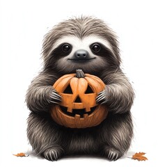 Fototapeta premium A Halloween sloth holding a jack-o'-lantern, sleepy expression, dark and eerie tones, isolated on white background