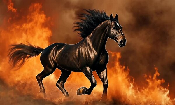 horse running in fire on background