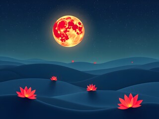Naklejka premium Dreamy Night Sky with Luminous Moon and Lotus Blossoms