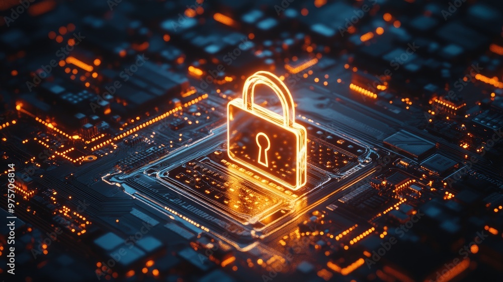 Poster a cybersecurity padlock icon glowing on a computer circuit board, symbolizing the protection of digi
