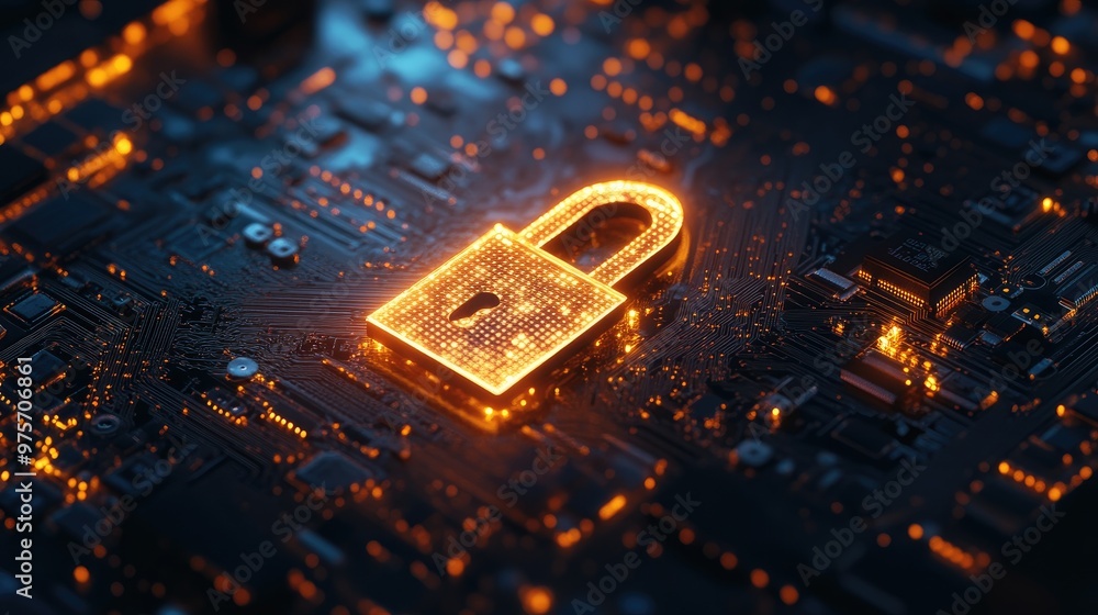 Poster a cybersecurity padlock icon glowing on a computer circuit board, symbolizing the protection of digi