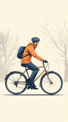 Obraz premium A man rides a bicycle on a path with bare trees in the background.