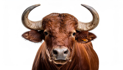 Close up of a bull on a white background