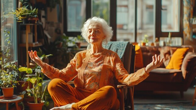 A woman engages in chair yoga, practicing mindfulness and relaxation in a bright, nature-filled room during a peaceful afternoon.