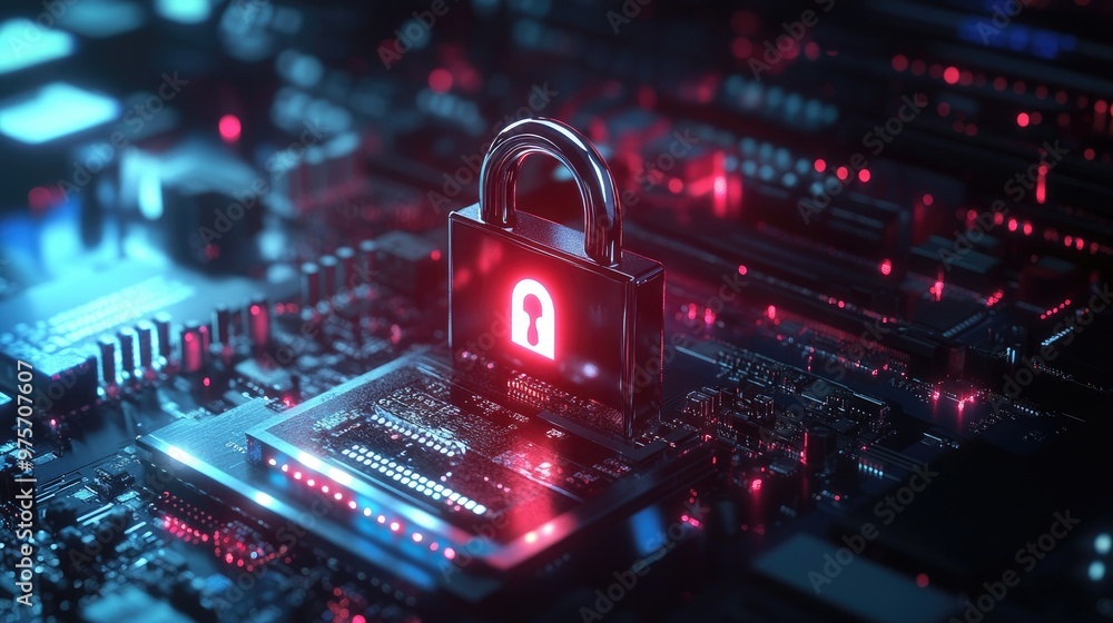 Poster a digital padlock over a high-tech computer interface, symbolizing data encryption, cybersecurity, a