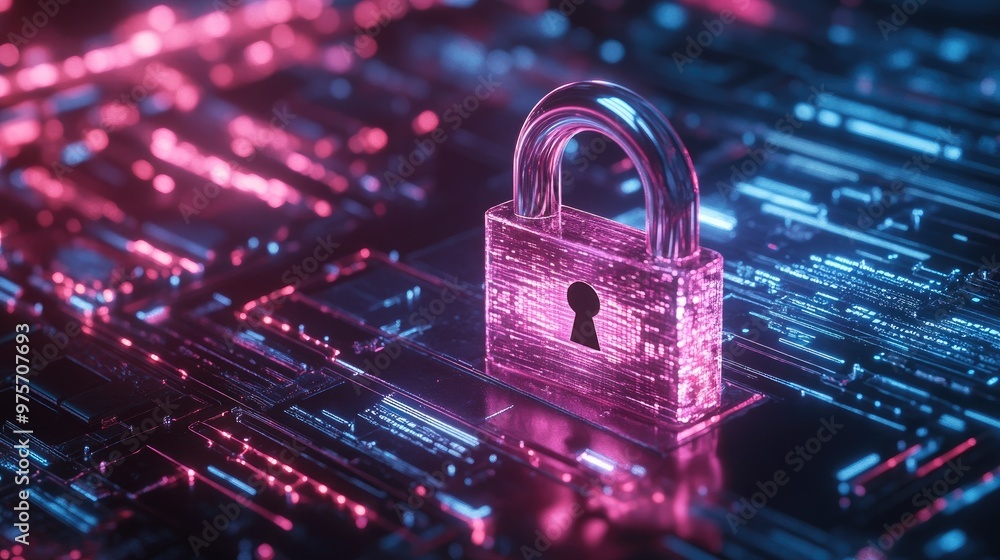 Poster a digital padlock symbolizing cybersecurity, set against a futuristic technology and computer backgr