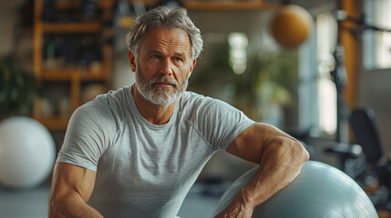 A senior man engages in balance exercises using a stability ball in a bright fitness center, focusing intently on his workout routine.