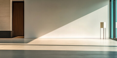Fototapeta premium Minimalist empty room interiors with minimal furniture or decor, ample blank copyspace and daylight. Residential interior design.