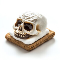 Naklejka premium A spooky s'more with a marshmallow skull, Halloween theme, eerie and dark, isolated on white background