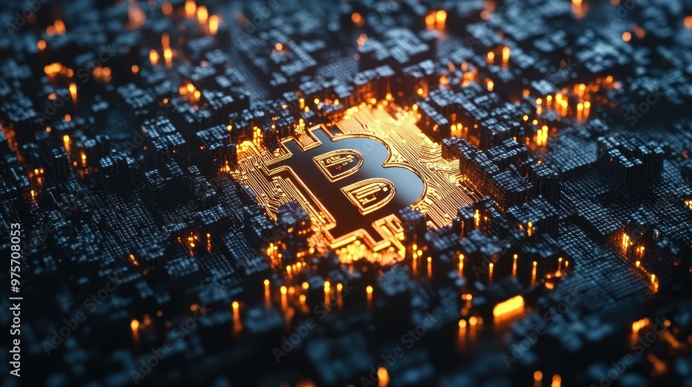 Poster bitcoin symbol on a circuit board