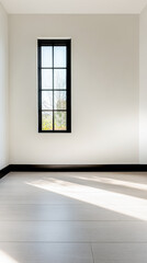 Fototapeta premium Minimalist empty room interiors with minimal furniture or decor, ample blank copyspace and daylight. Residential interior design.