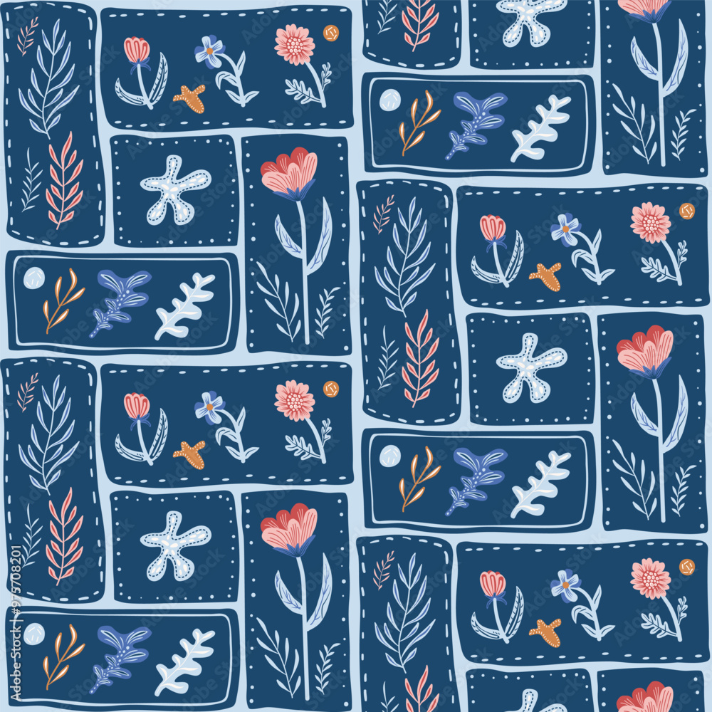 Poster patchwork-style abstract floral seamless pattern. boho style endless background. folk repeat cover. 