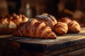 Freshly Baked Croissants on Wooden Table.