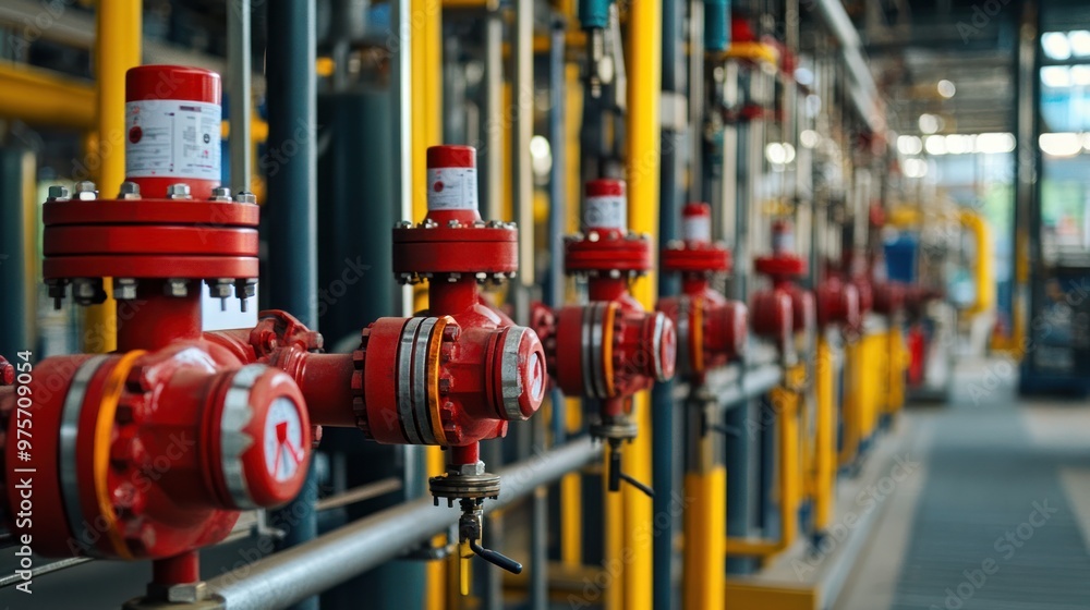Poster an industrial lpg gas system with complex pipes and regulators in a factory setting