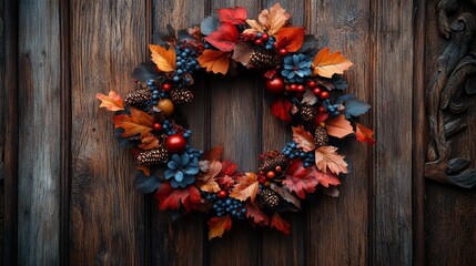 Autumnal Wreath on Rustic Wooden Door