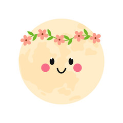 Moon character hand drawn vector. Good night. Smiling moon in flower wreath. Baby character cute moon.