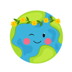 Planet earth character hand drawn vector. Earth Day. Smiling earth in flower wreath. Kids character cute earth.