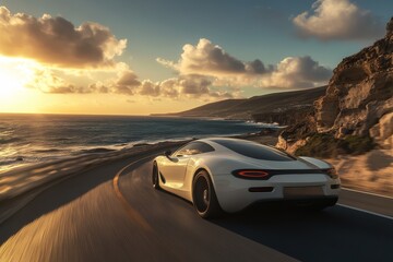 White Sports Car Driving on Coastal Road at Sunset.