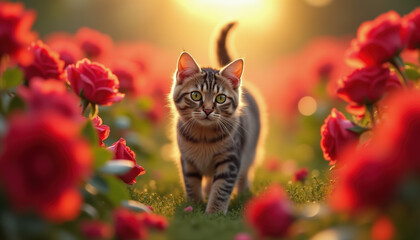Cute tabby kitten walking on a soft field among field of red Roses at golden hour