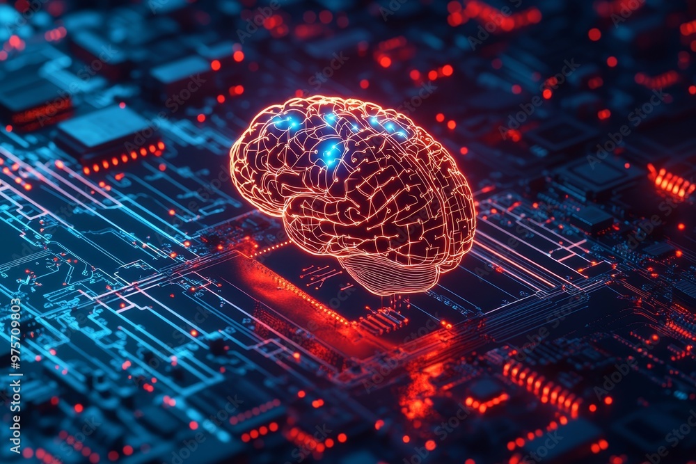 Aufkleber illuminated wireframe brain over circuit board showcasing artificial intelligence technology concept