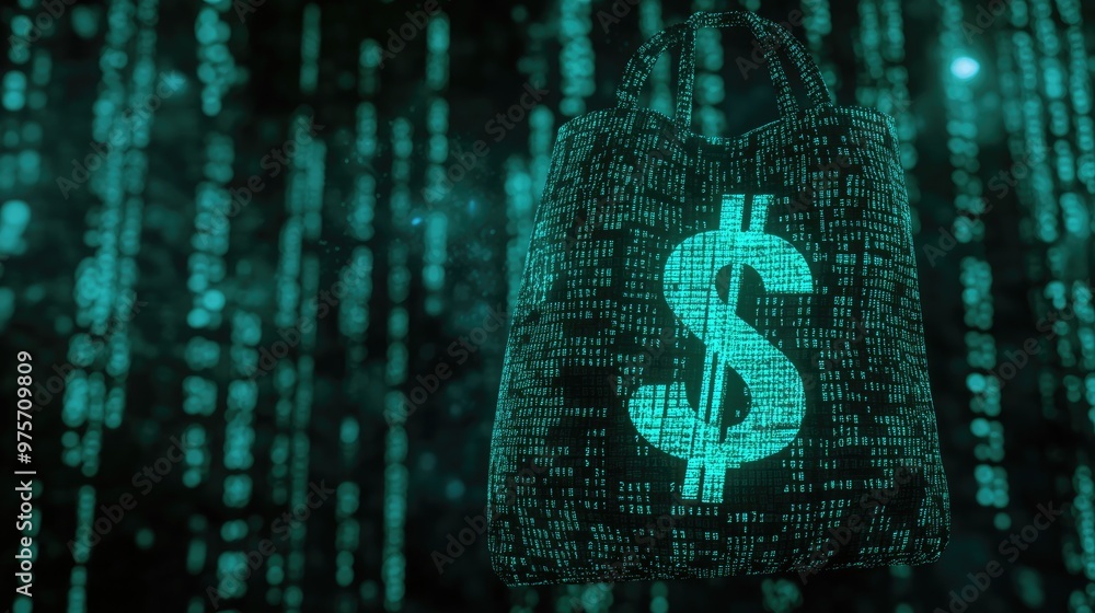 Poster a bag with a dollar sign glowing in a matrix of binary code, showcasing the influence of ai on finan
