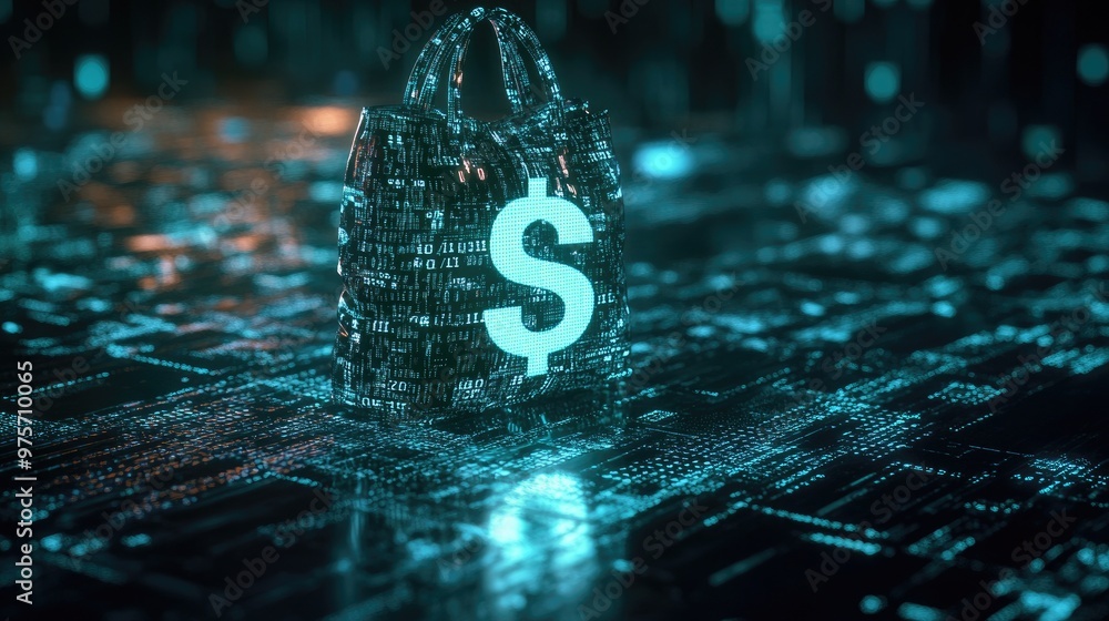 Poster a bag with a dollar sign glowing in a matrix of binary code, showcasing the influence of ai on finan