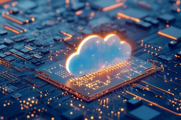 3d render of microchip circuit board illustrating cloud computing and digital transformation