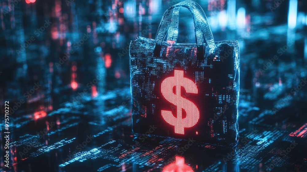 Poster a bag with a dollar sign glowing in a matrix of binary code, showcasing the influence of ai on finan