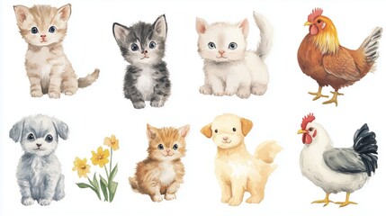 Fototapeta premium Water colour images of cute animals such as cats, puppies, dogs, and chickens are suitable for making stickers or make children book 