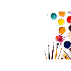 Colorful Paint Palette With Brushes And Paint Bowls On A Transparent Background
