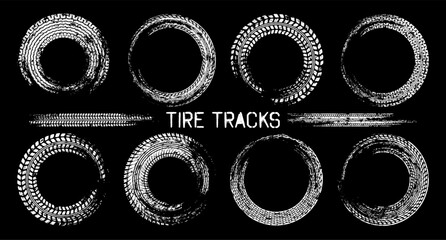 Grunge circle tire tracks, wheel braking marks. Truck, car or motorcycle tread pattern silhouettes. Auto race, motorsport, speed racing design element. Vector illustration