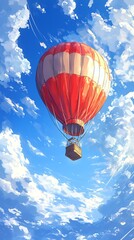 A red and white hot air balloon flies against a bright blue sky with white clouds.