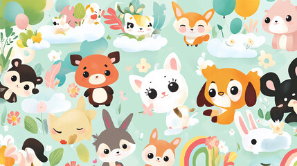 Cute Animals Seamless Pattern with Rainbow and Balloons