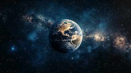 Earth floating in space surrounded by stars and galaxies at night