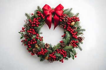 Christmas wreath with red berries and pinecones, decorated with a red ribbon	