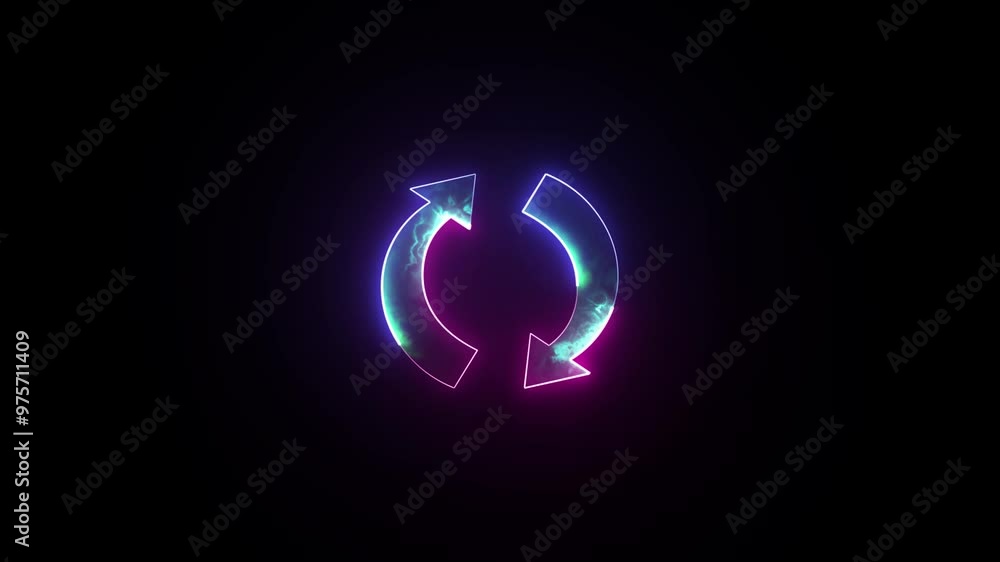 Poster animated glowing neon recycling symbol isolated on black background. recycling looping animated symb
