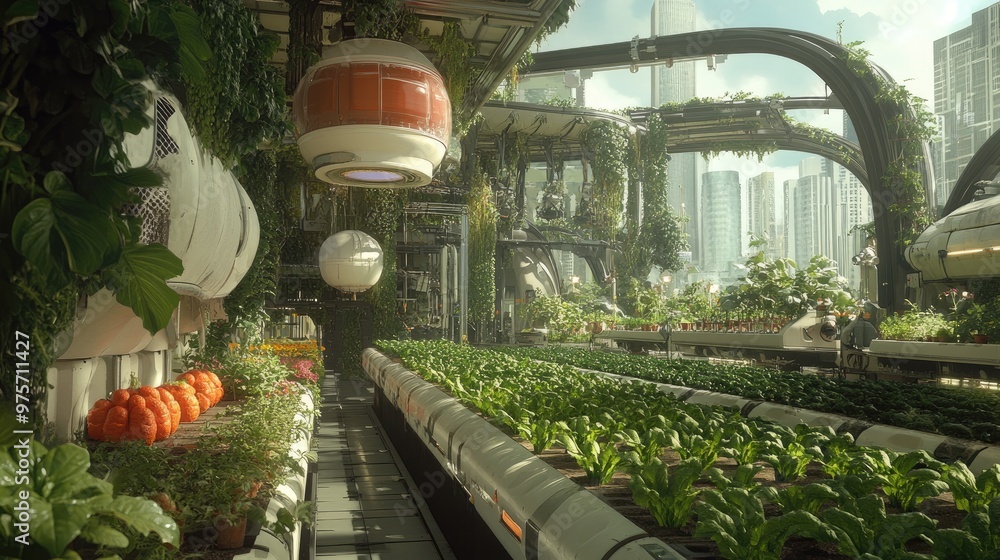 Poster a high-tech urban farm with ai-driven crop systems and automated harvesting, showcasing innovative a