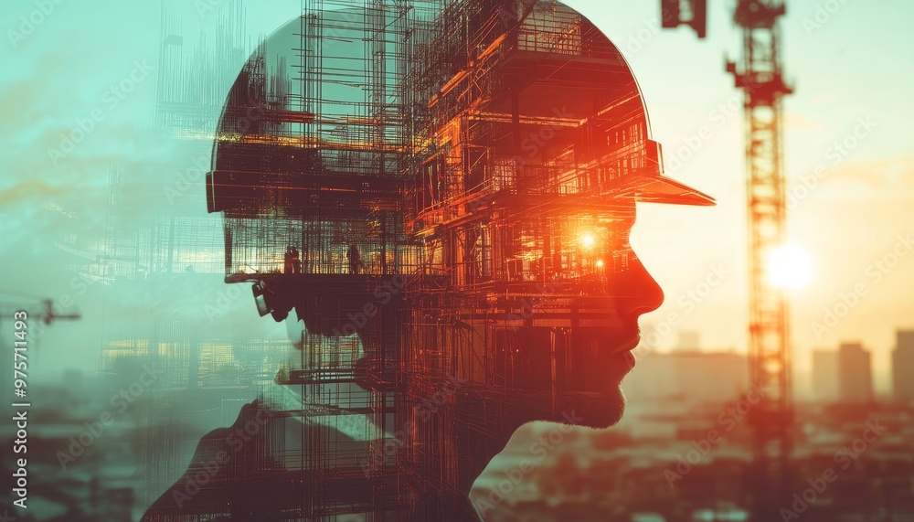 Poster futuristic construction project with engineers and architects using advanced technology tools