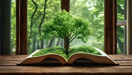 Exploring New Possibilities through Open Book and Lush Greenery on Rustic Wooden Table