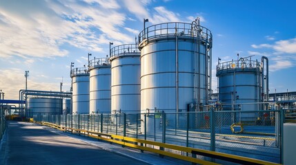 Obraz premium Rows of large LPG storage tanks in a secure industrial facility with safety barriers