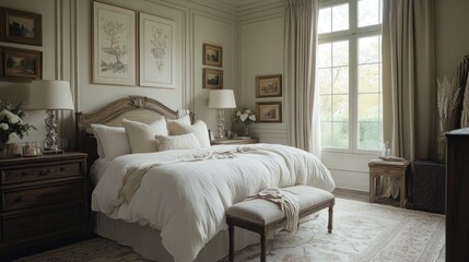 Obraz premium A chic French country-style bedroom, blending rustic elegance with modern comfort, featuring soft tones and refined decor.
