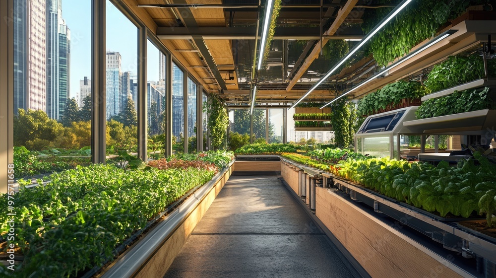 Poster a high-tech urban farm with ai-driven crop systems and automated harvesting, showcasing innovative a