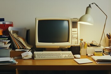An old retro computer sits on a cluttered desk with assorted papers, stationery, and a lamp giving a nostalgic feel.